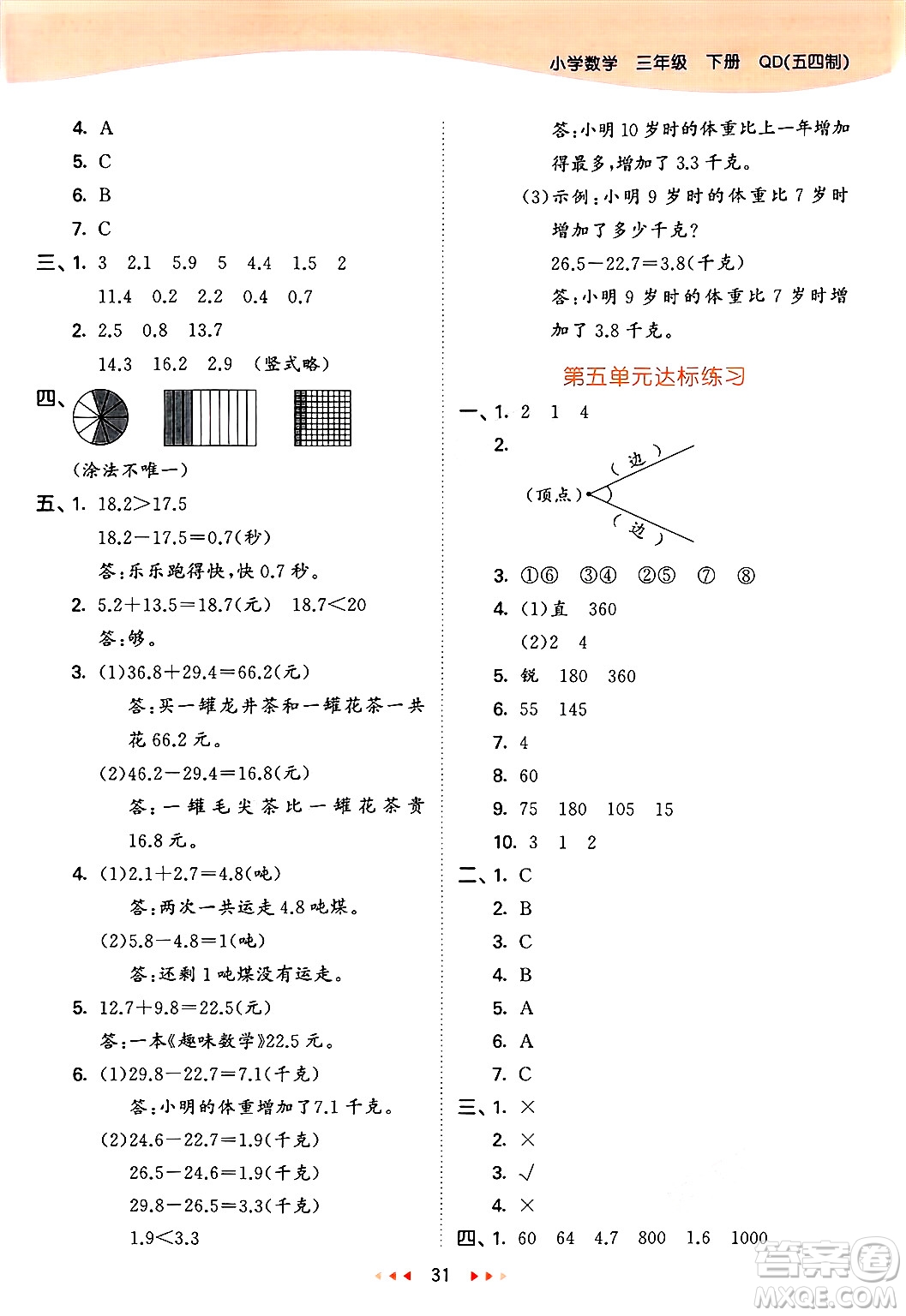 山東畫報出版社2025年春53天天練三年級數(shù)學下冊青島版五四制答案