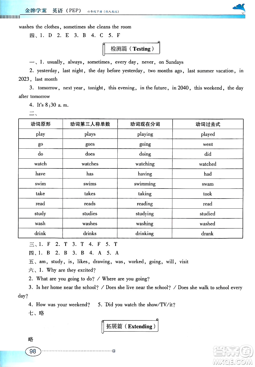 廣東教育出版社2025年春南方新課堂金牌學(xué)案六年級(jí)英語下冊(cè)人教PEP版答案