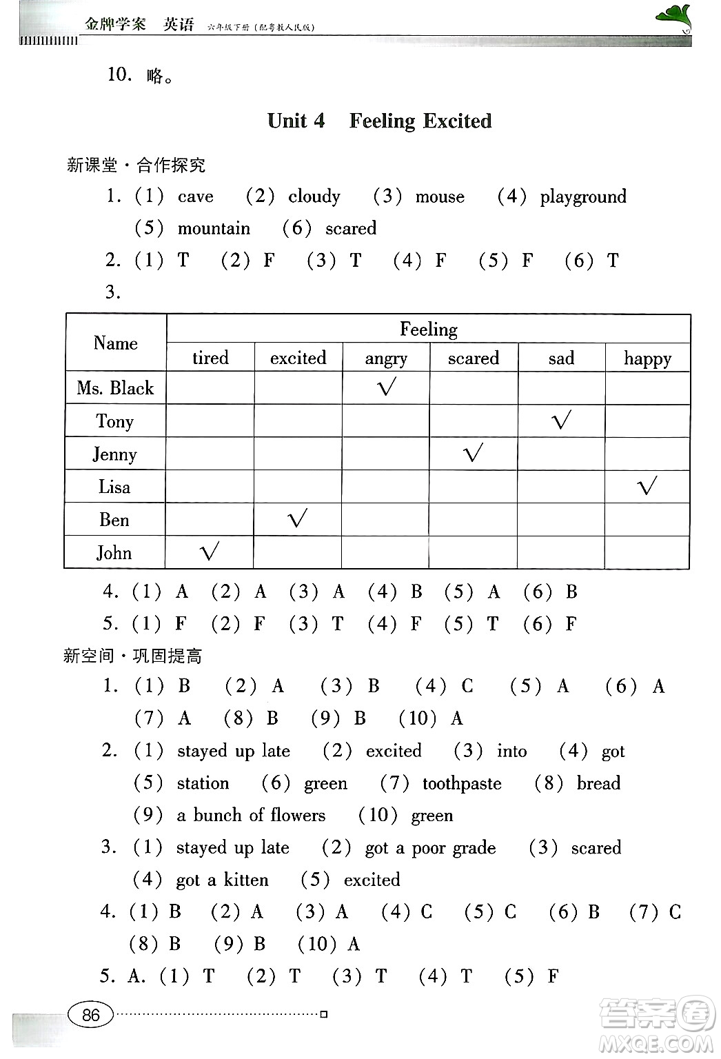 廣東教育出版社2025年春南方新課堂金牌學(xué)案六年級英語下冊粵人版答案