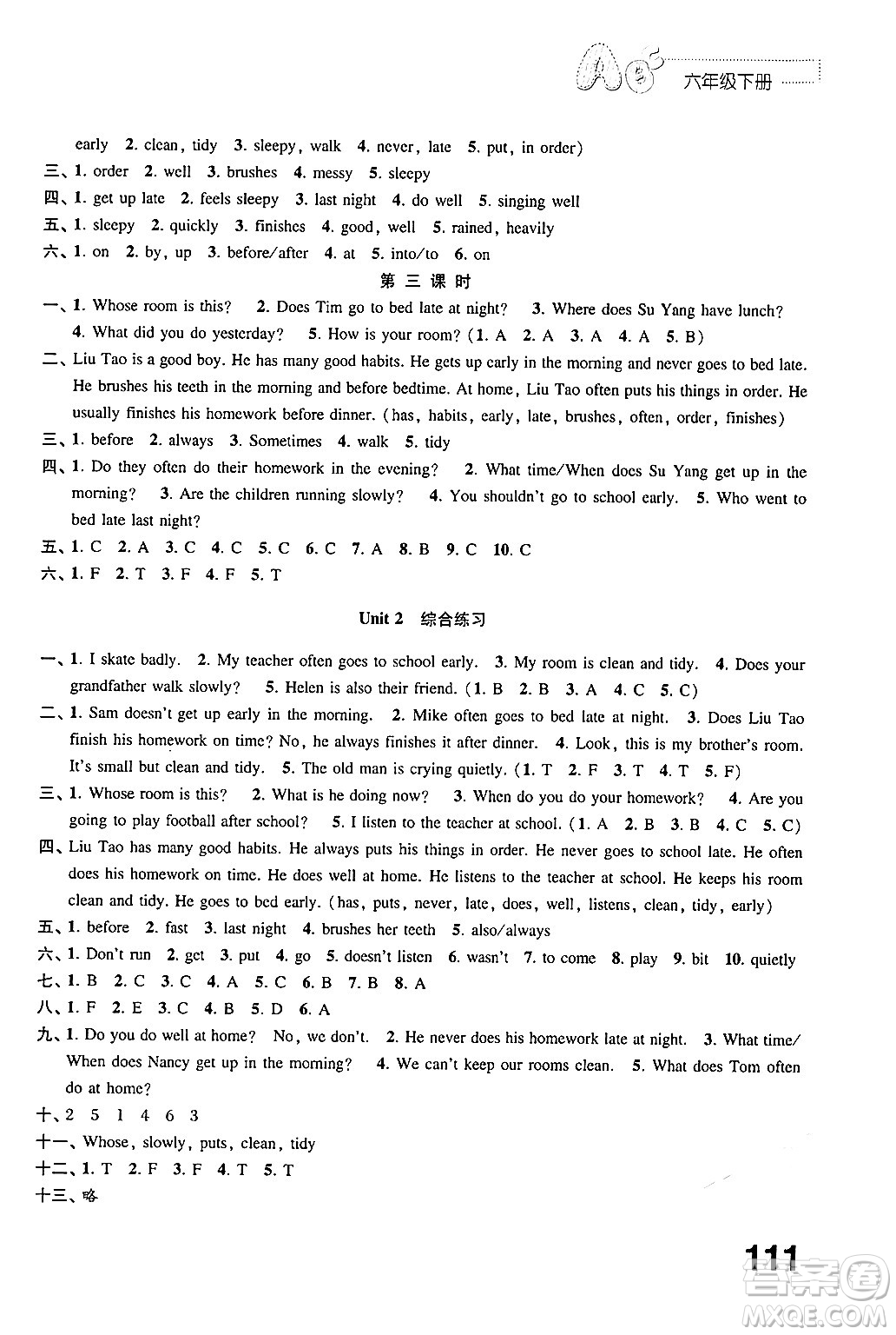 江蘇鳳凰教育出版社2025年春練習(xí)與測(cè)試小學(xué)英語(yǔ)六年級(jí)英語(yǔ)下冊(cè)譯林版答案