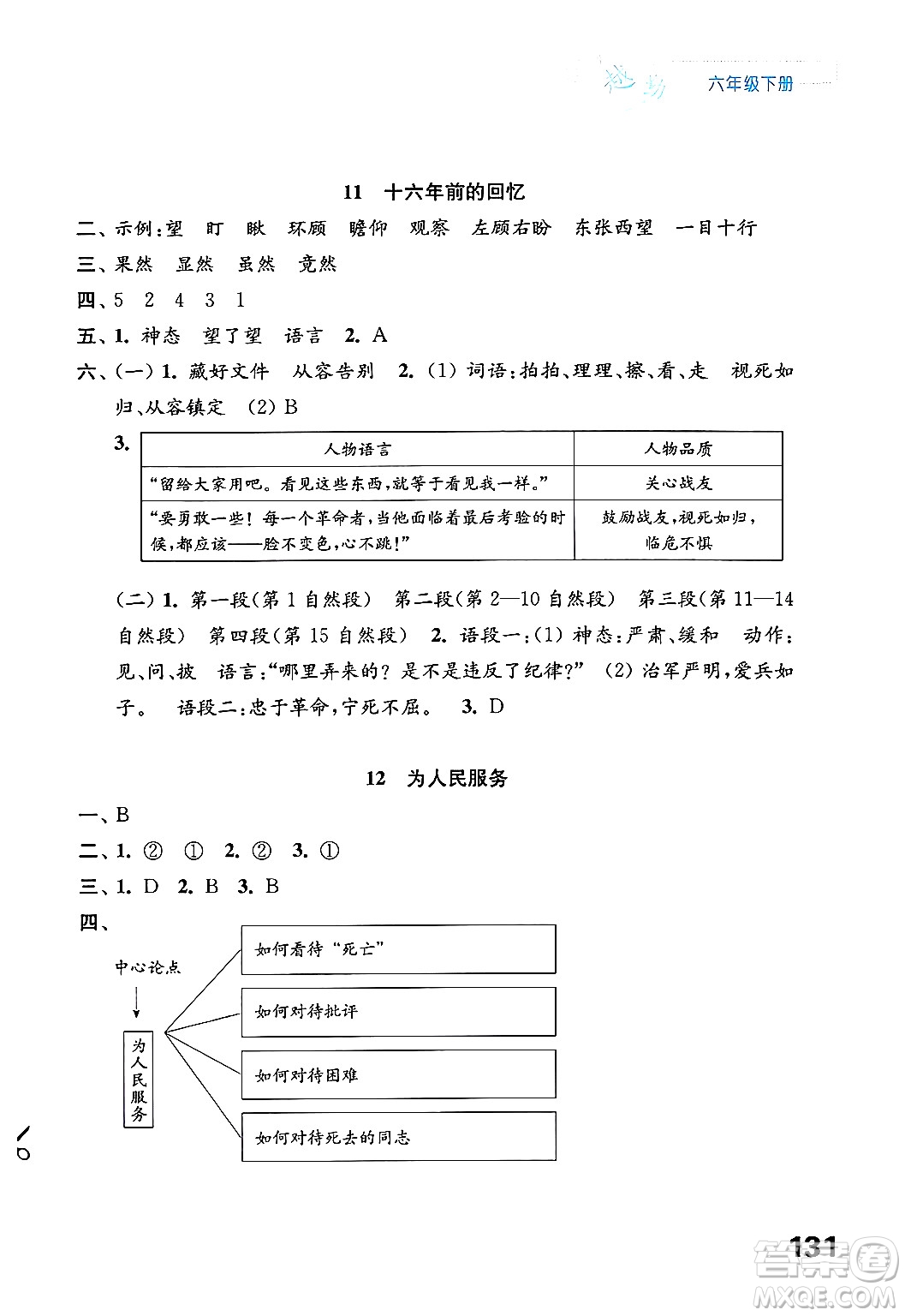 江蘇鳳凰教育出版社2025年春練習(xí)與測(cè)試小學(xué)語文六年級(jí)語文下冊(cè)通用版答案