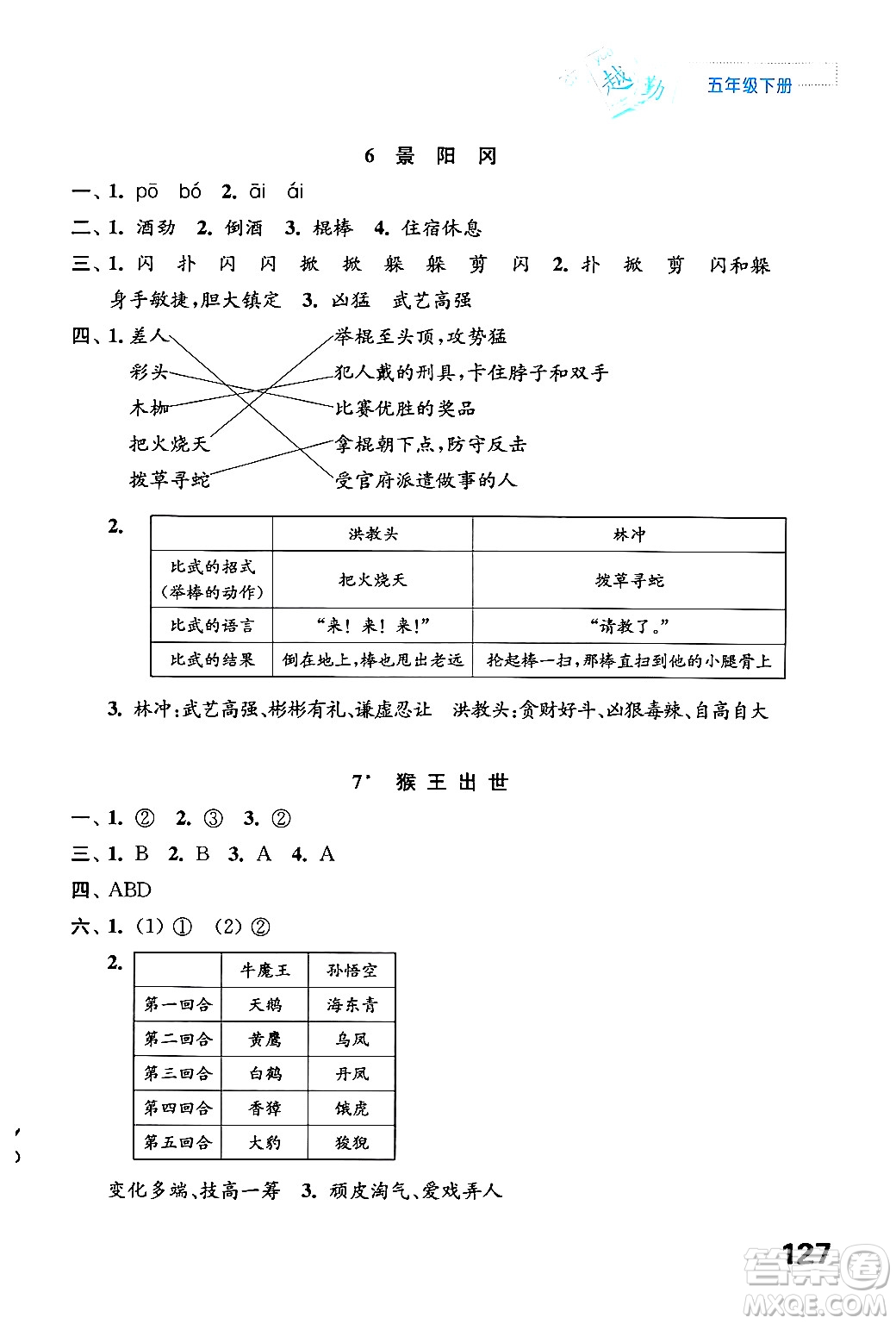 江蘇鳳凰教育出版社2025年春練習(xí)與測(cè)試小學(xué)語文五年級(jí)語文下冊(cè)通用版答案