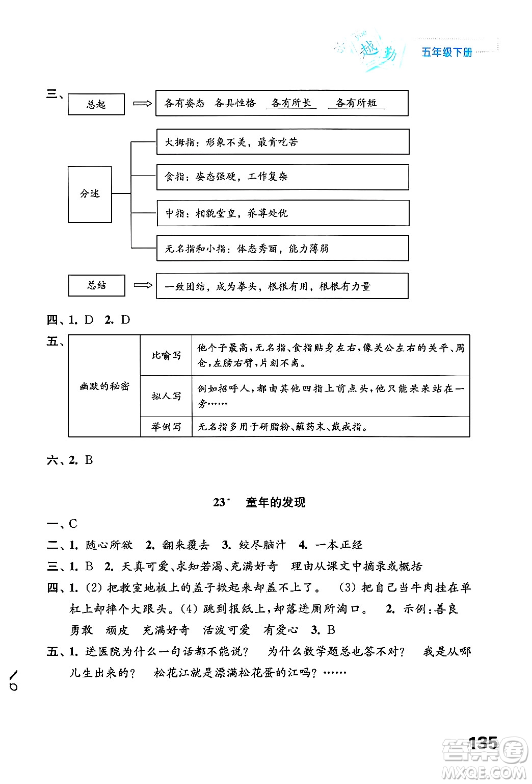 江蘇鳳凰教育出版社2025年春練習(xí)與測(cè)試小學(xué)語文五年級(jí)語文下冊(cè)通用版答案