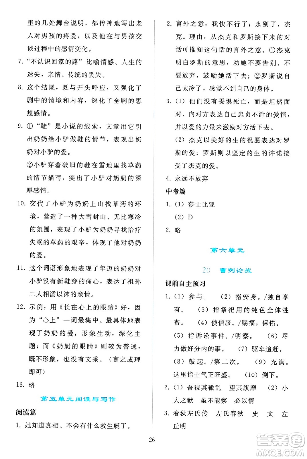 人民教育出版社2025年春同步輕松練習(xí)九年級語文下冊人教版答案