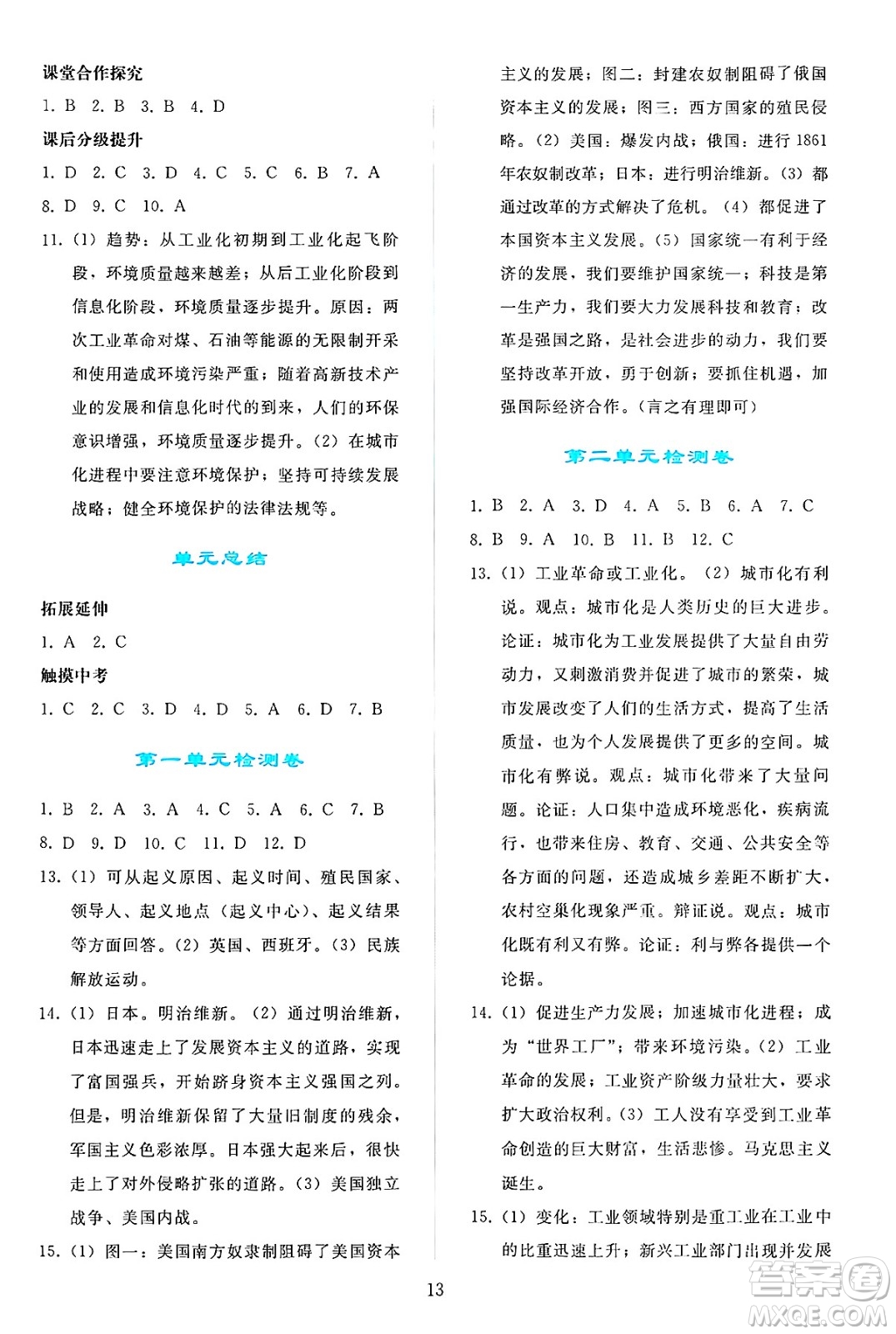 人民教育出版社2025年春同步輕松練習(xí)九年級(jí)歷史下冊人教版答案
