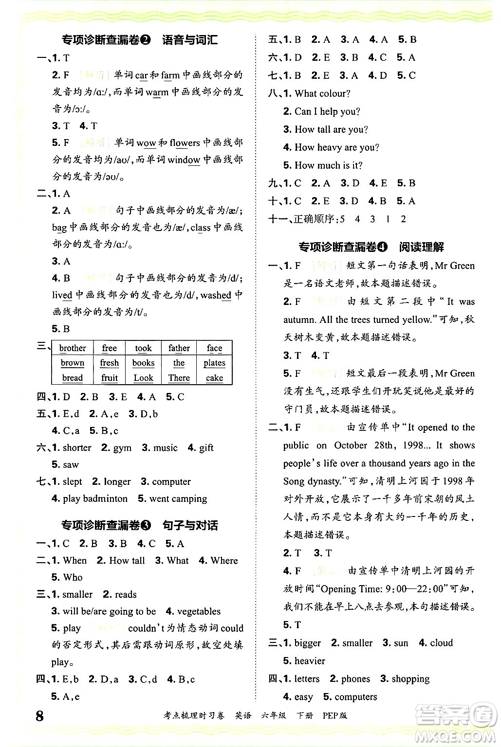 江西人民出版社2025年春王朝霞考點梳理時習(xí)卷六年級英語下冊人教PEP版答案