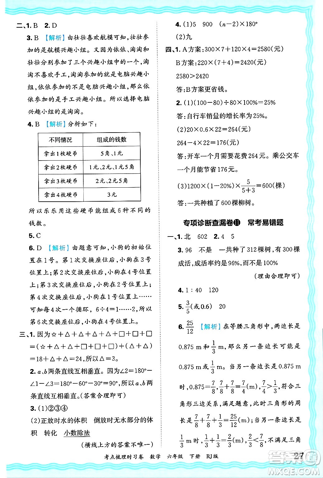 江西人民出版社2025年春王朝霞考點(diǎn)梳理時(shí)習(xí)卷六年級(jí)數(shù)學(xué)下冊(cè)人教版答案