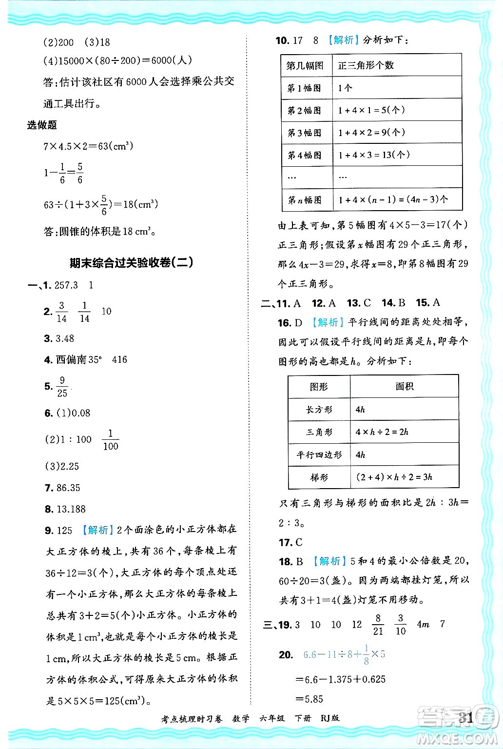 江西人民出版社2025年春王朝霞考點(diǎn)梳理時(shí)習(xí)卷六年級(jí)數(shù)學(xué)下冊(cè)人教版答案