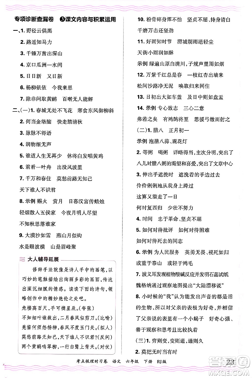 江西人民出版社2025年春王朝霞考點(diǎn)梳理時(shí)習(xí)卷六年級(jí)語(yǔ)文下冊(cè)人教版答案