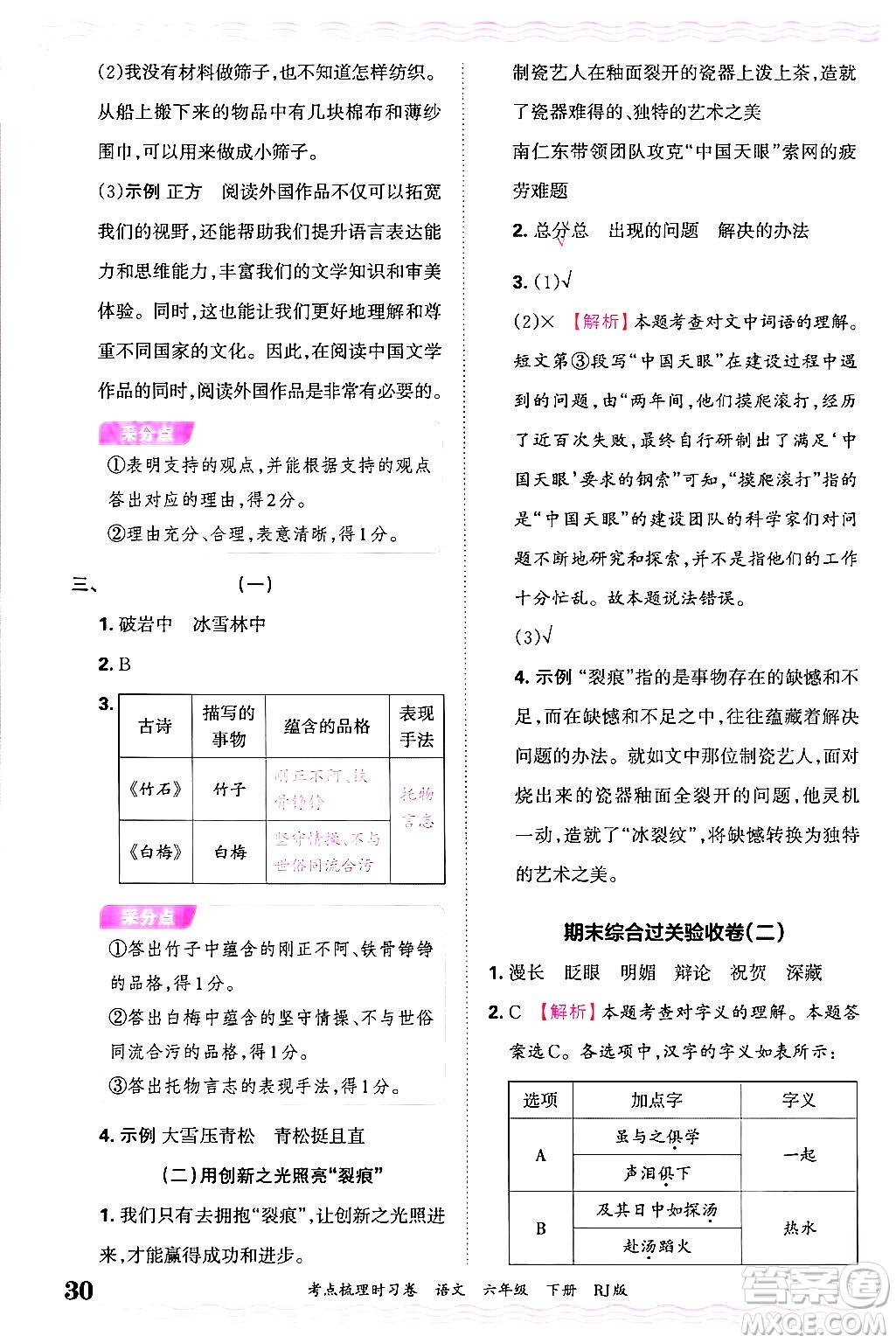 江西人民出版社2025年春王朝霞考點(diǎn)梳理時(shí)習(xí)卷六年級(jí)語(yǔ)文下冊(cè)人教版答案