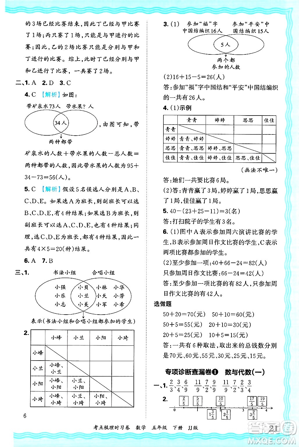 江西人民出版社2025年春王朝霞考點梳理時習卷五年級數學下冊冀教版答案
