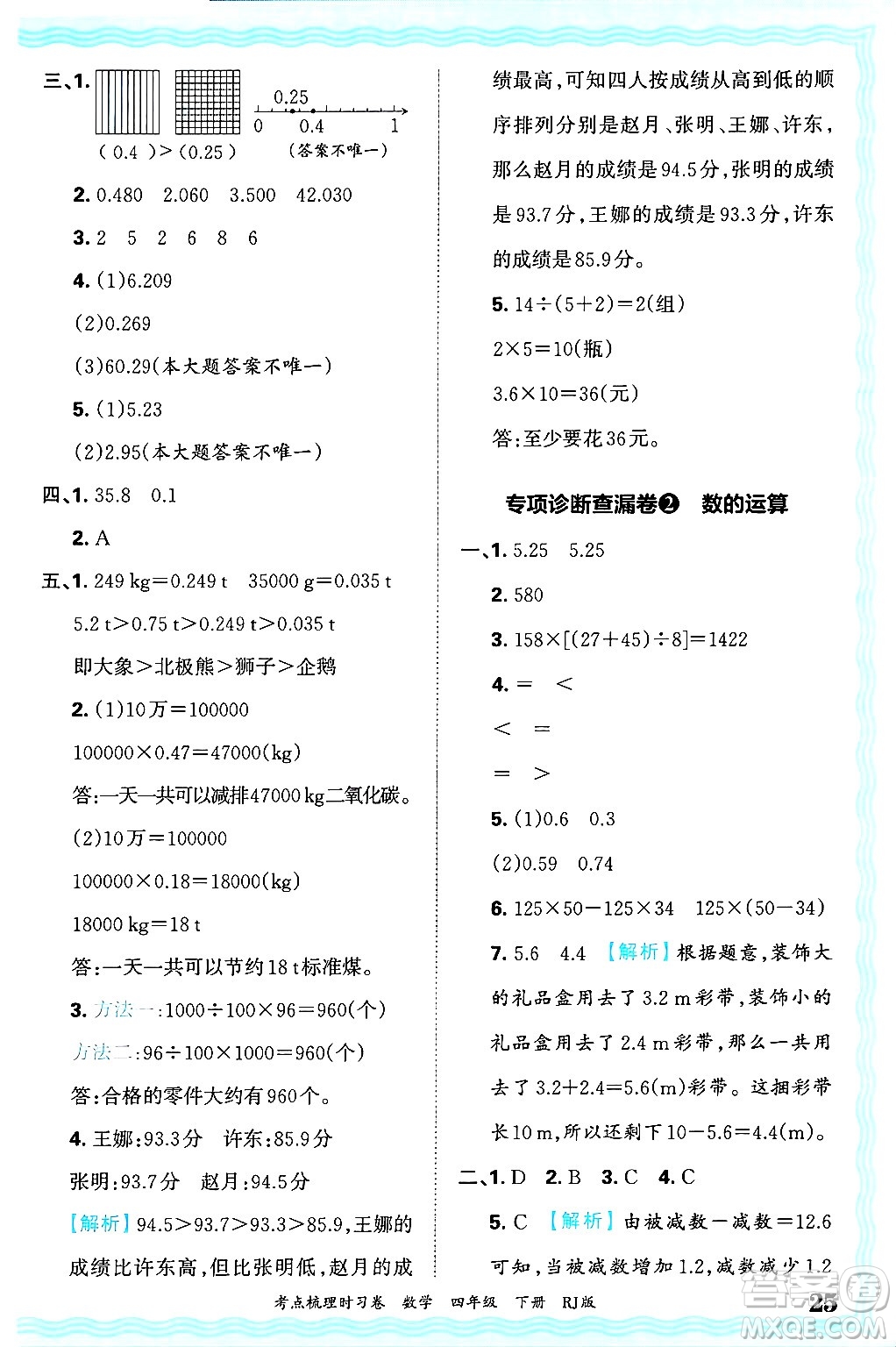 江西人民出版社2025年春王朝霞考點(diǎn)梳理時(shí)習(xí)卷四年級(jí)數(shù)學(xué)下冊(cè)人教版答案