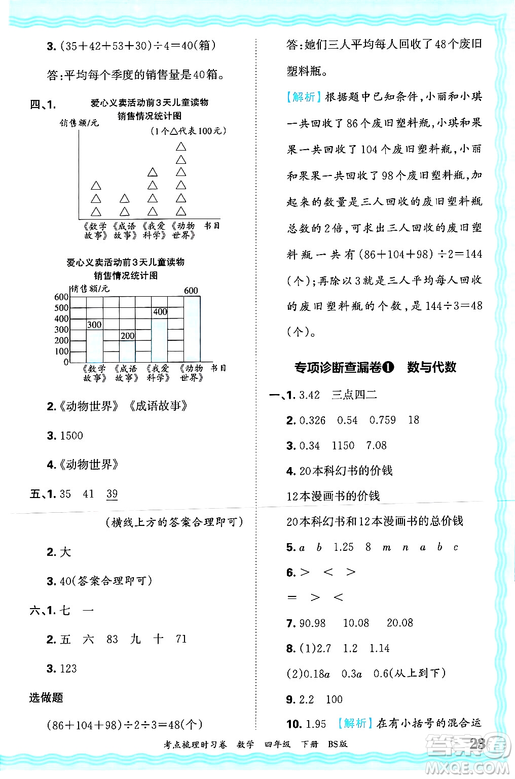 江西人民出版社2025年春王朝霞考點梳理時習卷四年級數(shù)學下冊北師大版答案