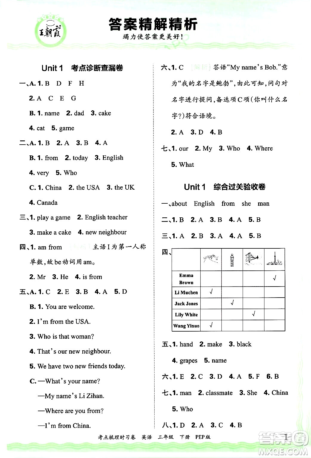 江西人民出版社2025年春王朝霞考點梳理時習卷三年級英語下冊人教PEP版答案