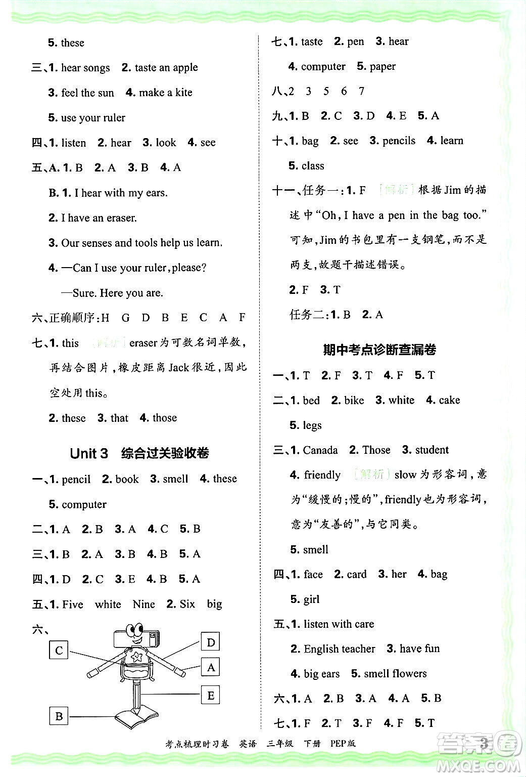 江西人民出版社2025年春王朝霞考點梳理時習卷三年級英語下冊人教PEP版答案