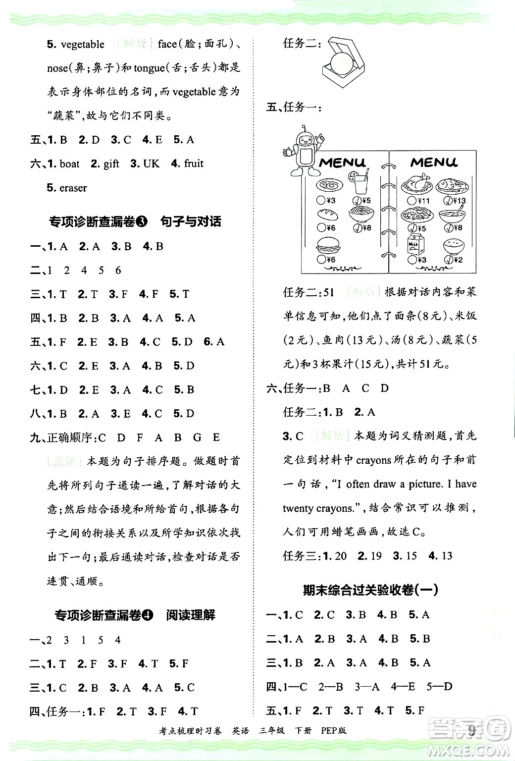 江西人民出版社2025年春王朝霞考點梳理時習卷三年級英語下冊人教PEP版答案