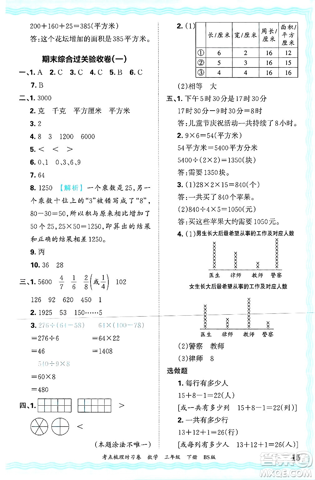 江西人民出版社2025年春王朝霞考點梳理時習(xí)卷三年級數(shù)學(xué)下冊北師大版答案