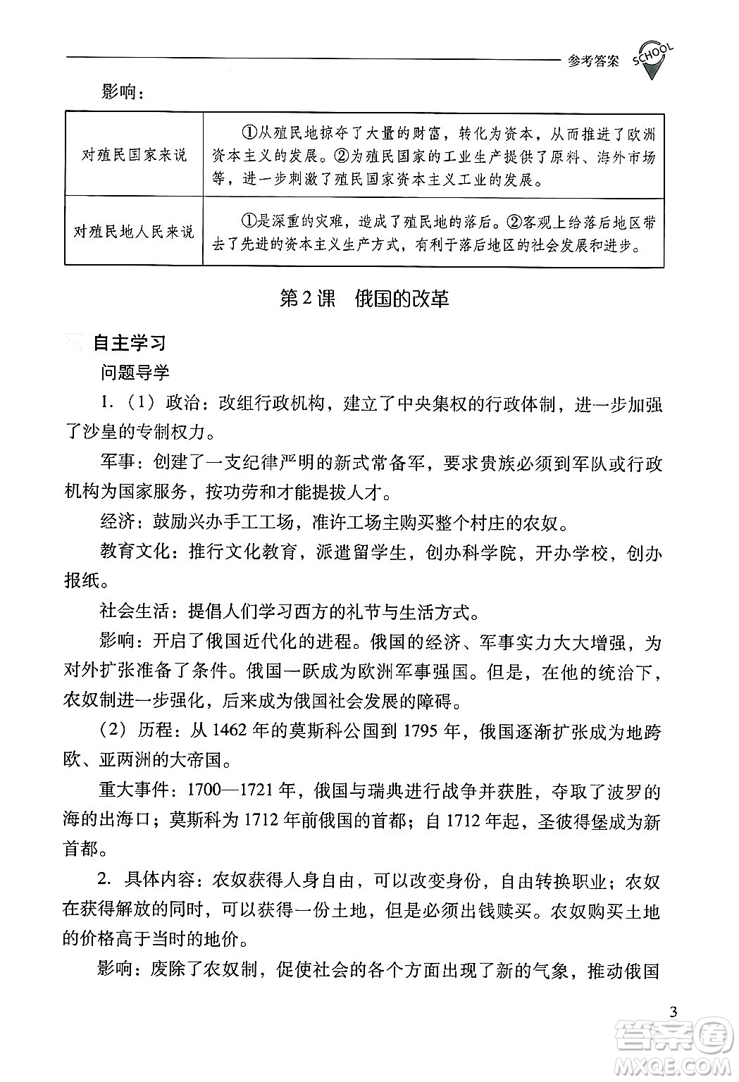 山西教育出版社2025年春新課程問題解決導(dǎo)學(xué)方案九年級歷史下冊人教版答案