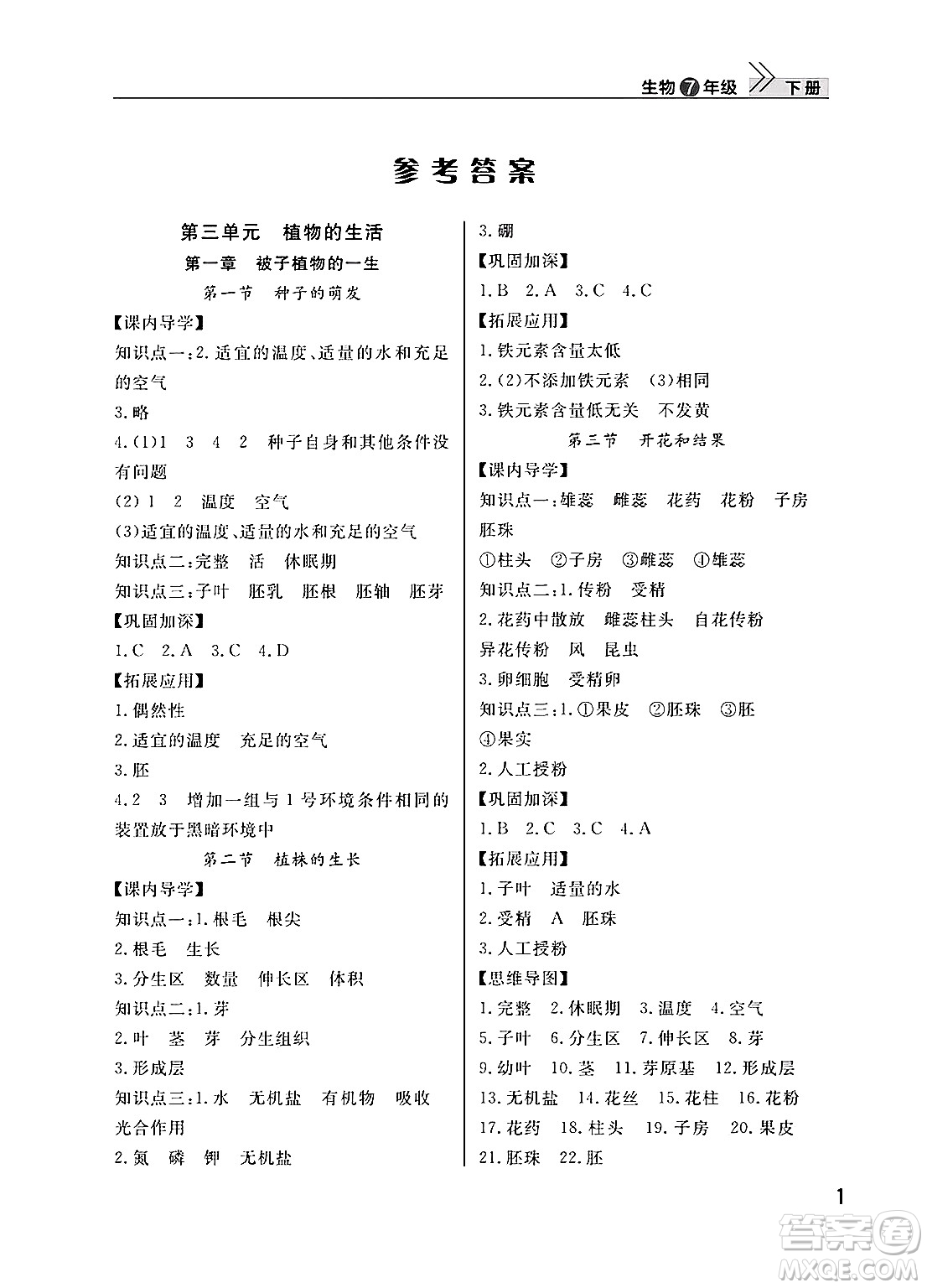 武漢出版社2025年春智慧學(xué)習(xí)天天向上課堂作業(yè)七年級(jí)生物下冊(cè)通用版答案
