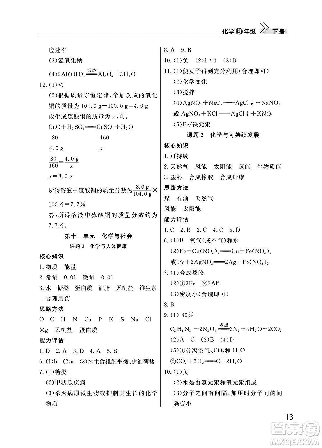 武漢出版社2025年春智慧學(xué)習(xí)天天向上課堂作業(yè)九年級化學(xué)下冊通用版答案