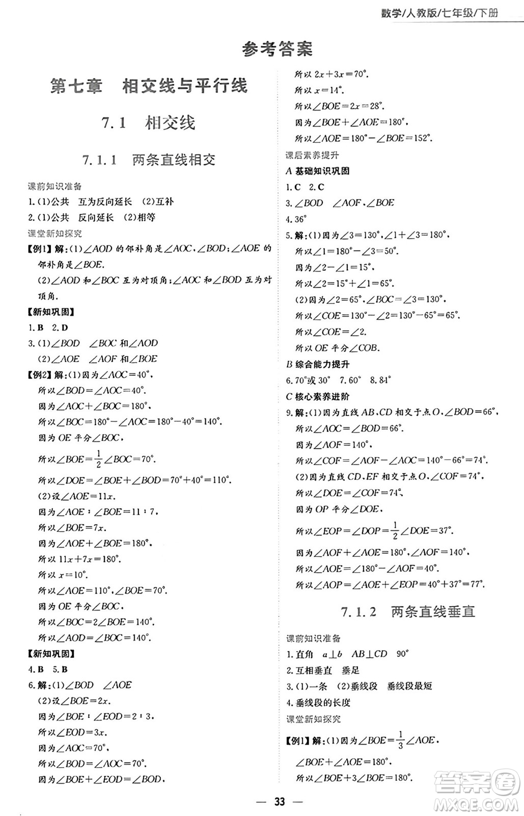 安徽教育出版社2025年春新編基礎(chǔ)訓(xùn)練七年級(jí)數(shù)學(xué)下冊(cè)人教版答案