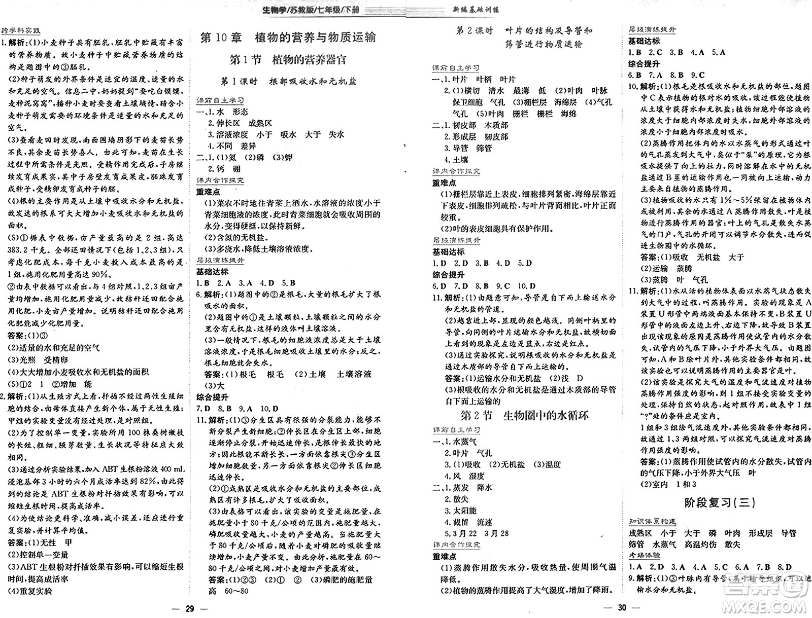 安徽教育出版社2025年春新編基礎(chǔ)訓(xùn)練七年級(jí)生物下冊(cè)蘇教版答案