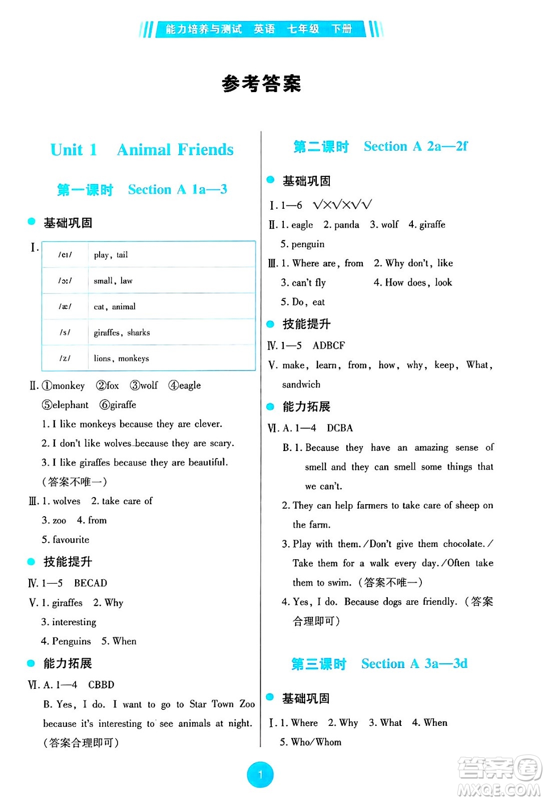 人民教育出版社2025年春能力培養(yǎng)與測(cè)試七年級(jí)英語(yǔ)下冊(cè)人教版答案