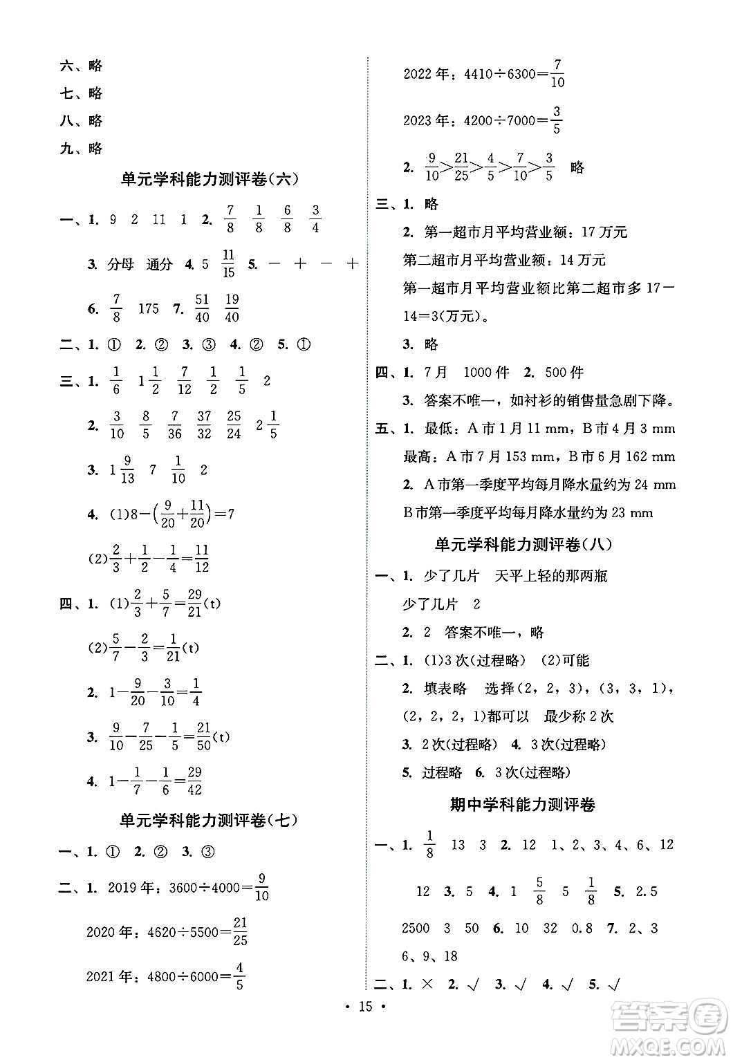 人民教育出版社2025年春能力培養(yǎng)與測試五年級數(shù)學(xué)下冊人教版湖南專版答案