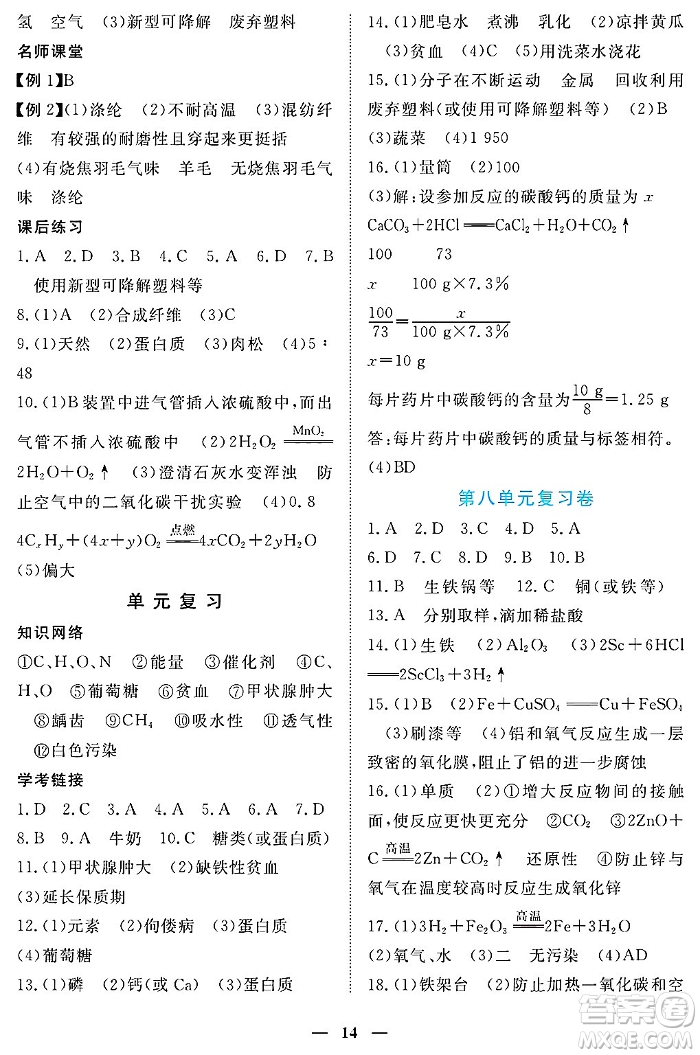 江西人民出版社2025年春一課一練創(chuàng)新練習(xí)九年級化學(xué)下冊人教版答案