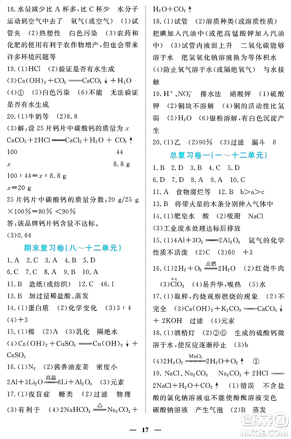 江西人民出版社2025年春一課一練創(chuàng)新練習(xí)九年級化學(xué)下冊人教版答案