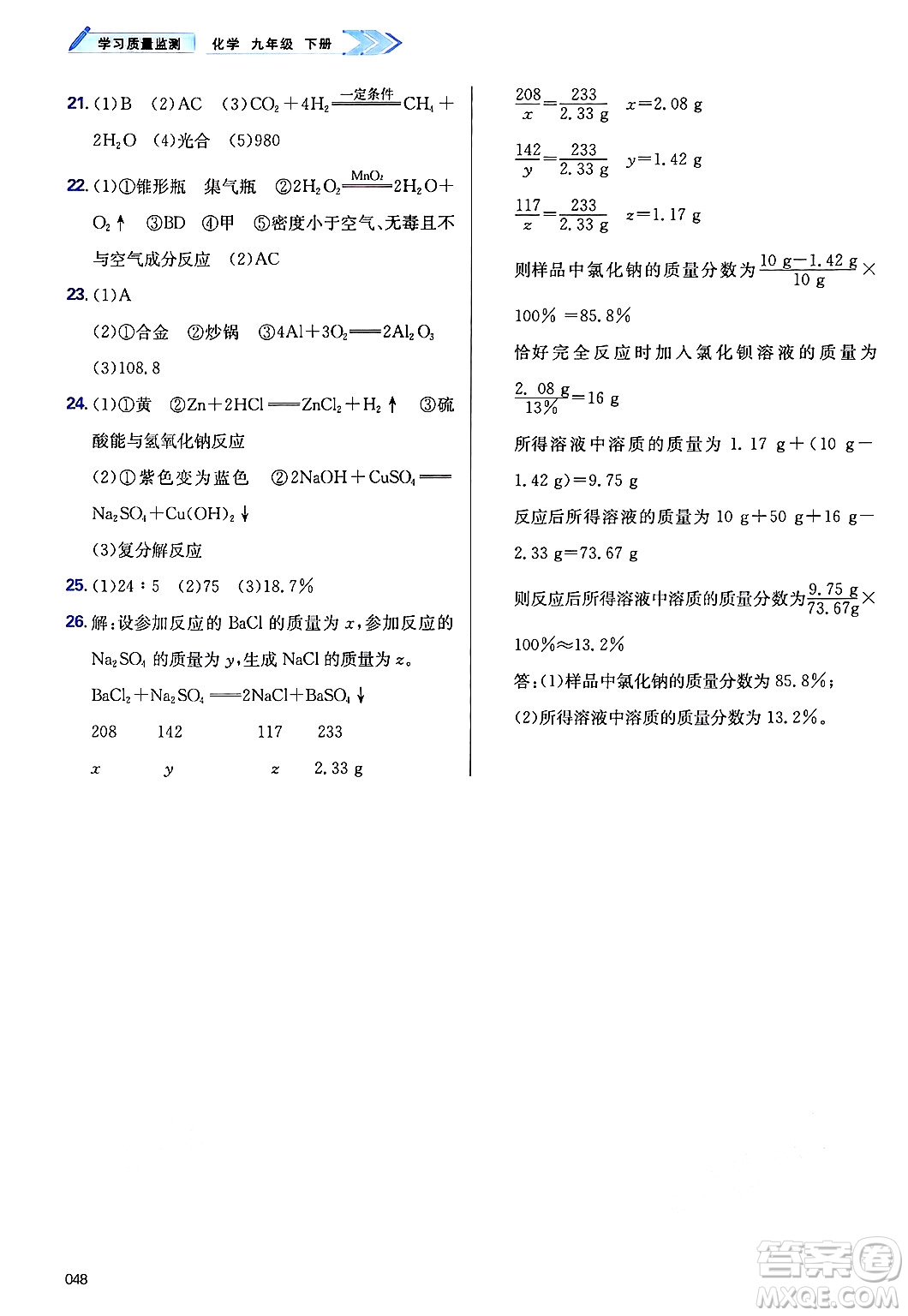 天津教育出版社2025年春學(xué)習(xí)質(zhì)量監(jiān)測九年級化學(xué)下冊人教版答案
