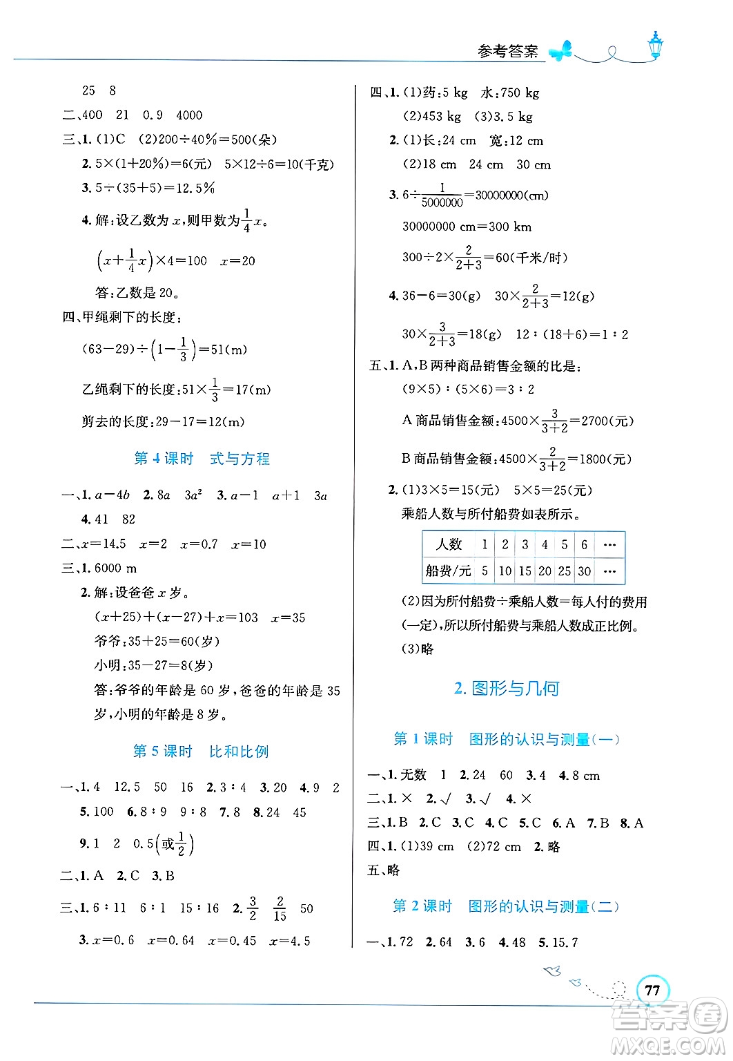人民教育出版社2025年春小學(xué)同步測控優(yōu)化設(shè)計六年級數(shù)學(xué)下冊人教版福建專版答案