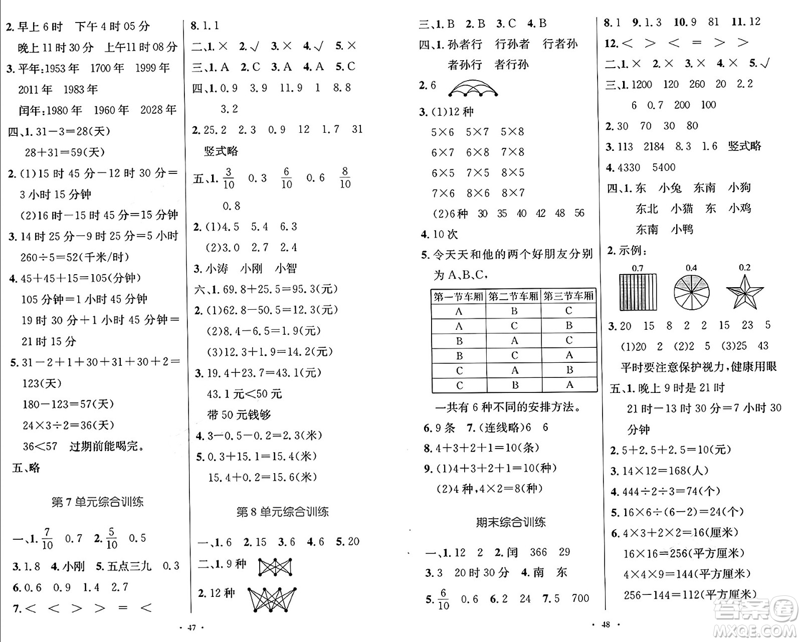 人民教育出版社2025年春小學(xué)同步測控優(yōu)化設(shè)計三年級數(shù)學(xué)下冊人教版答案