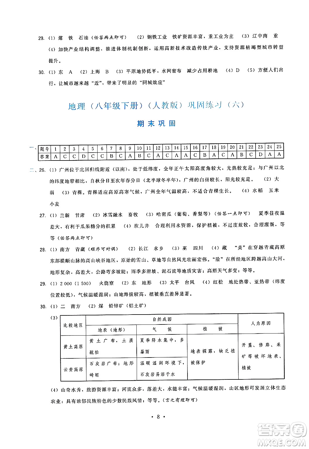 福建人民出版社2025年春頂尖課課練八年級地理下冊人教版答案