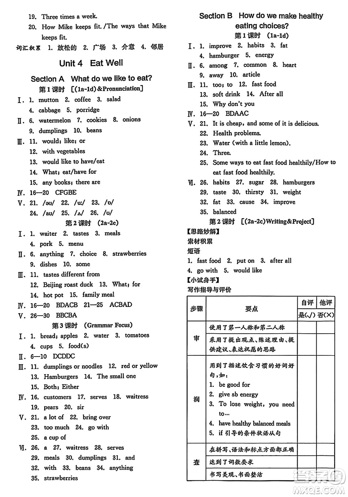 陽光出版社2025年春全品作業(yè)本七年級(jí)英語下冊(cè)人教版吉林專版答案