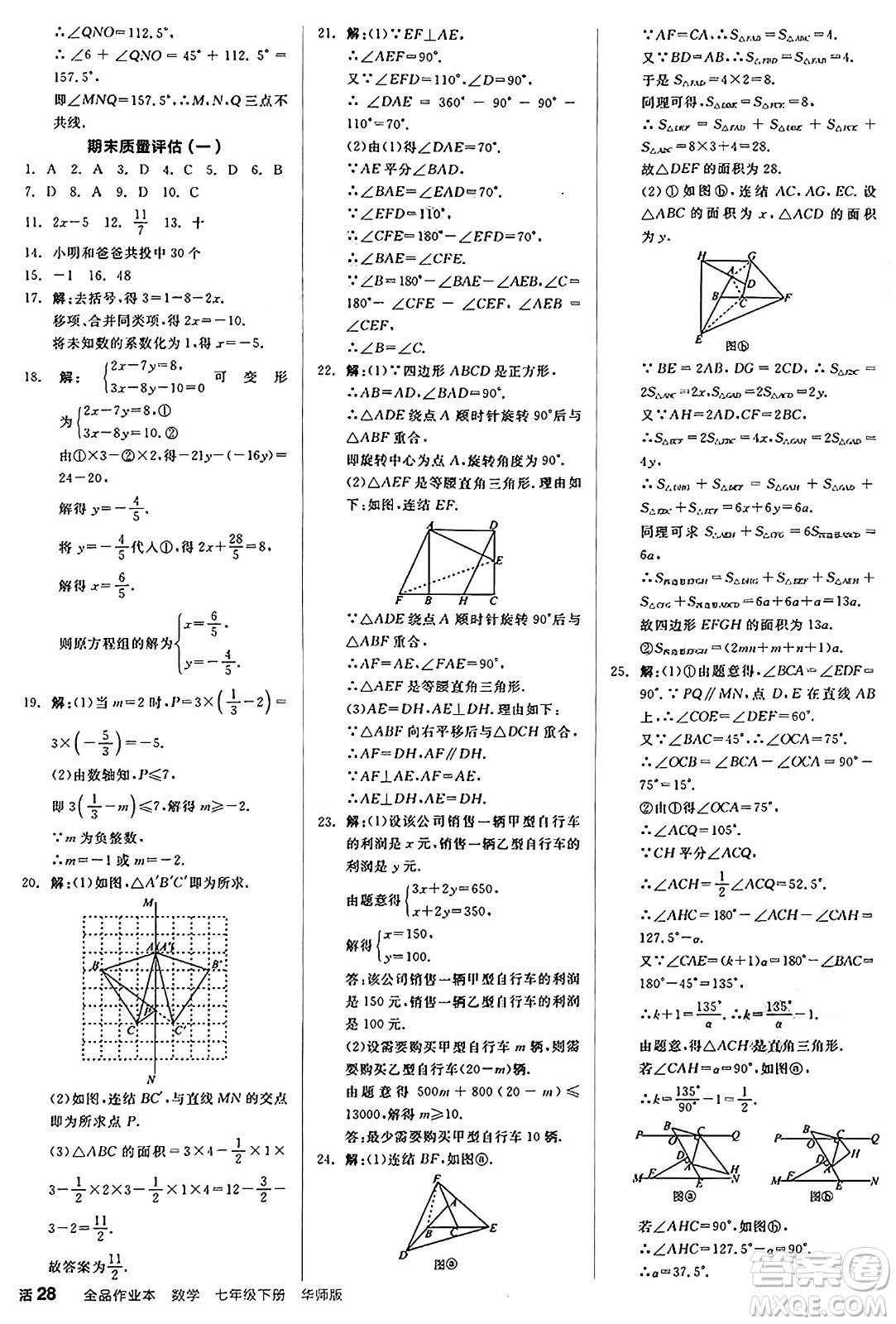 陽光出版社2025年春全品作業(yè)本七年級數學下冊華師版福建專版答案