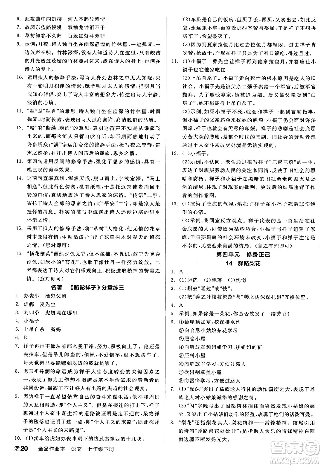 延邊教育出版社2025年春全品作業(yè)本七年級語文下冊人教版答案