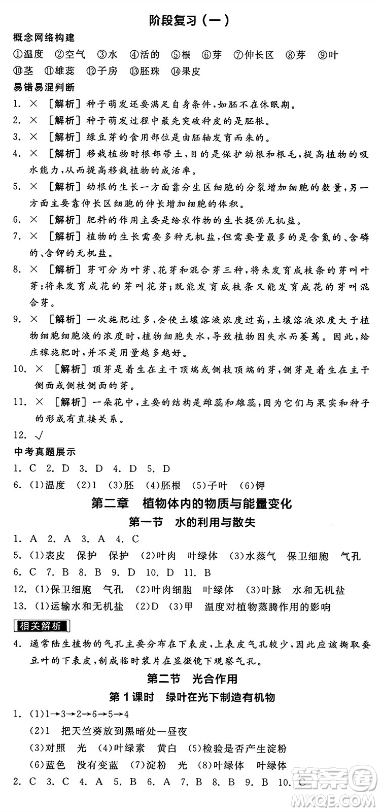 陽光出版社2025年春全品作業(yè)本七年級生物下冊人教版答案