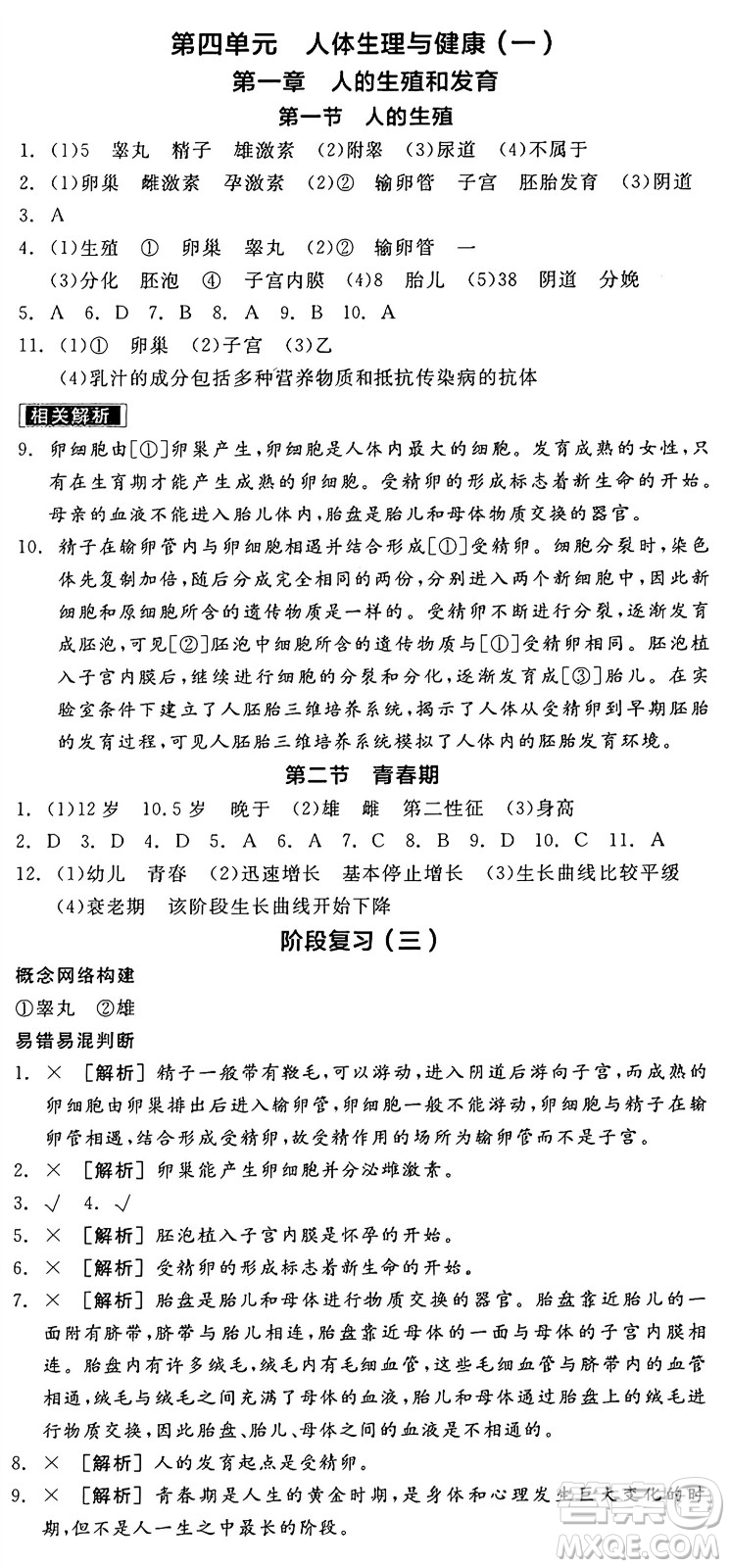 陽光出版社2025年春全品作業(yè)本七年級生物下冊人教版答案