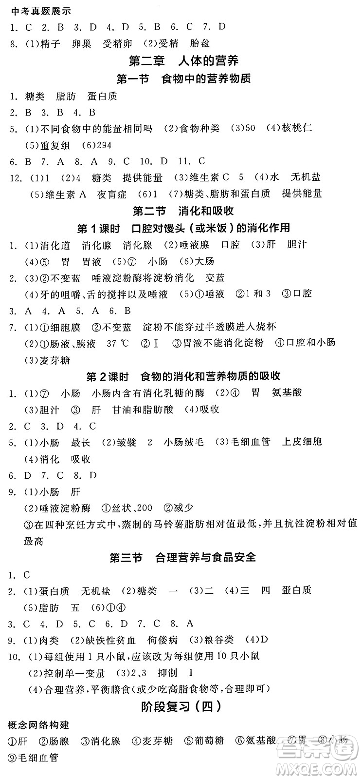 陽光出版社2025年春全品作業(yè)本七年級生物下冊人教版答案