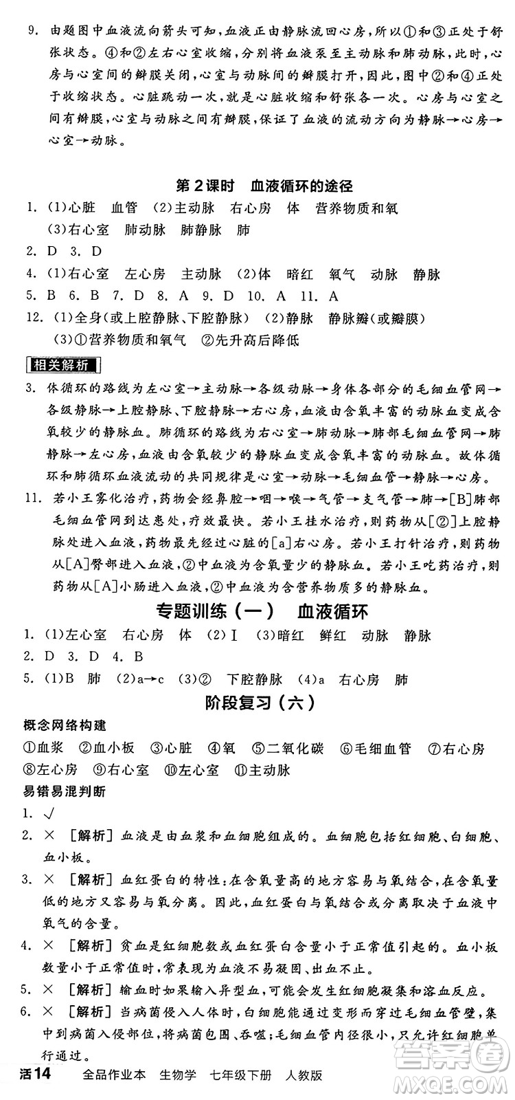 陽光出版社2025年春全品作業(yè)本七年級生物下冊人教版答案