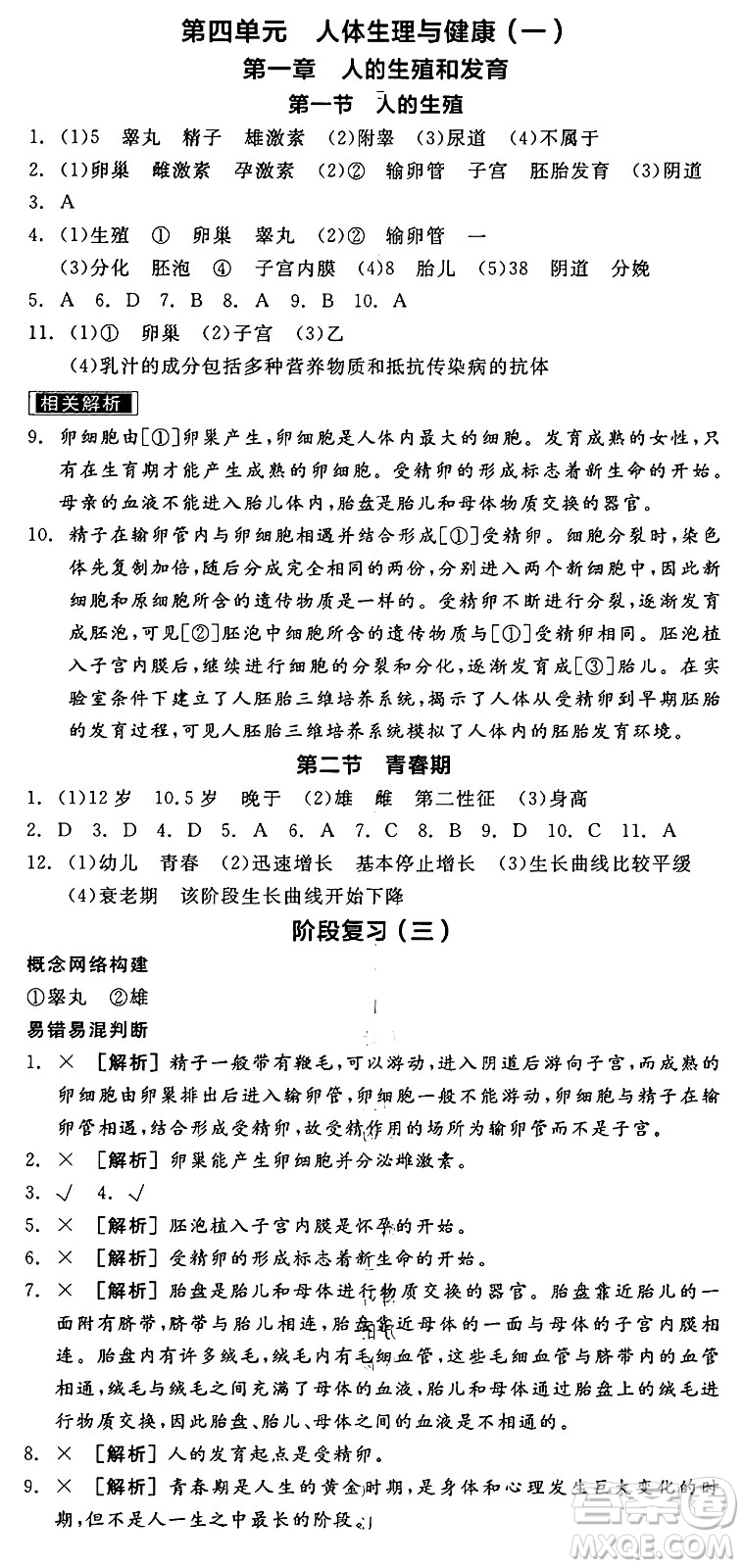 陽光出版社2025年春全品作業(yè)本七年級(jí)生物下冊(cè)人教版內(nèi)蒙古專版答案