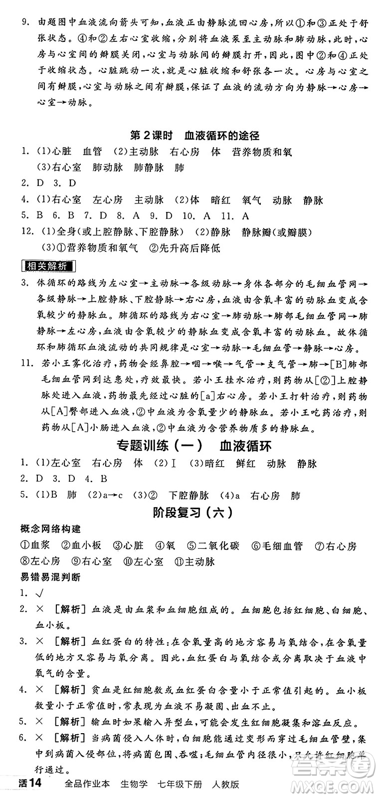 陽光出版社2025年春全品作業(yè)本七年級(jí)生物下冊(cè)人教版內(nèi)蒙古專版答案