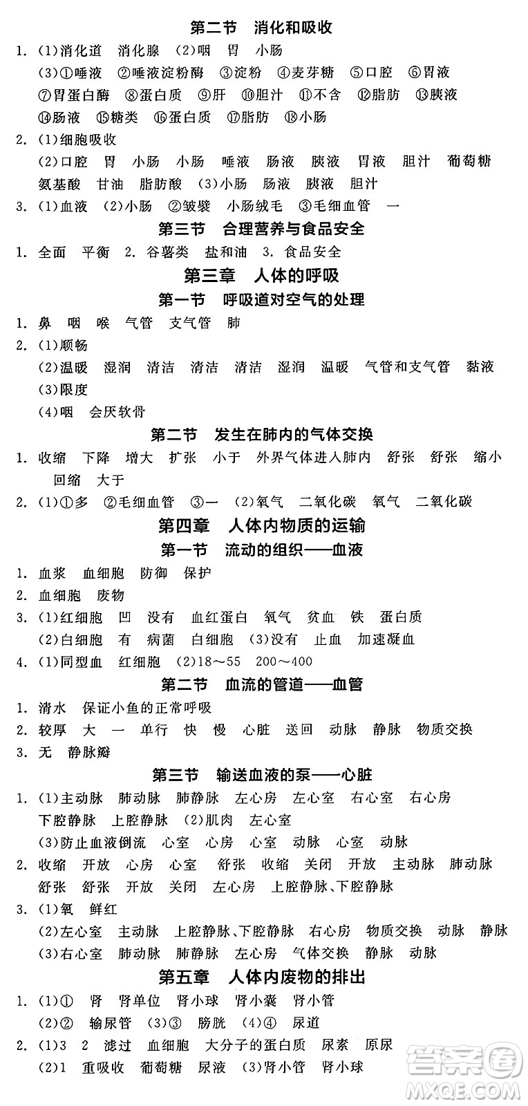 陽光出版社2025年春全品作業(yè)本七年級(jí)生物下冊(cè)人教版內(nèi)蒙古專版答案
