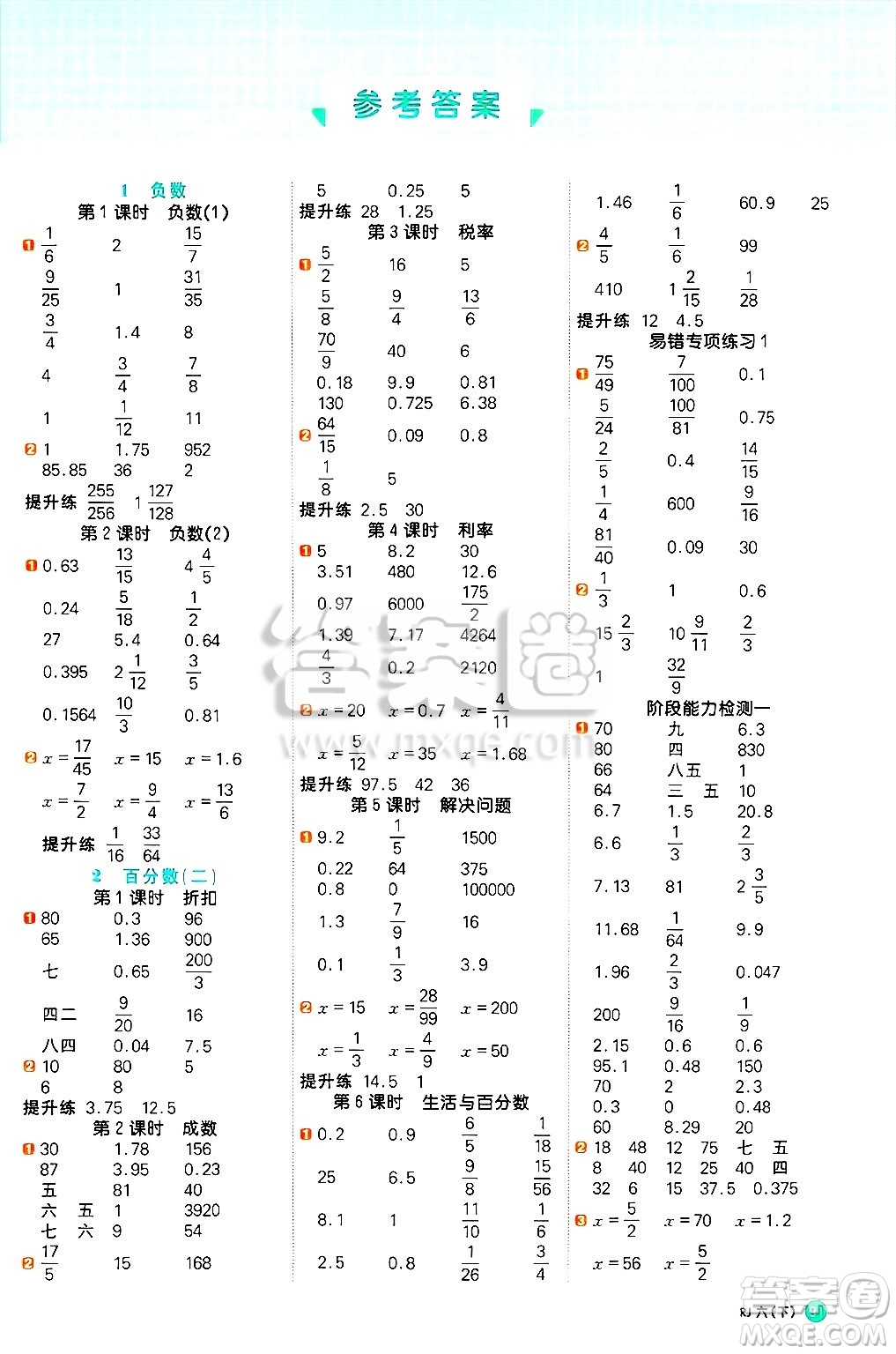 江西教育出版社2025年春陽(yáng)光同學(xué)計(jì)算小達(dá)人六年級(jí)數(shù)學(xué)下冊(cè)人教版武漢專版答案