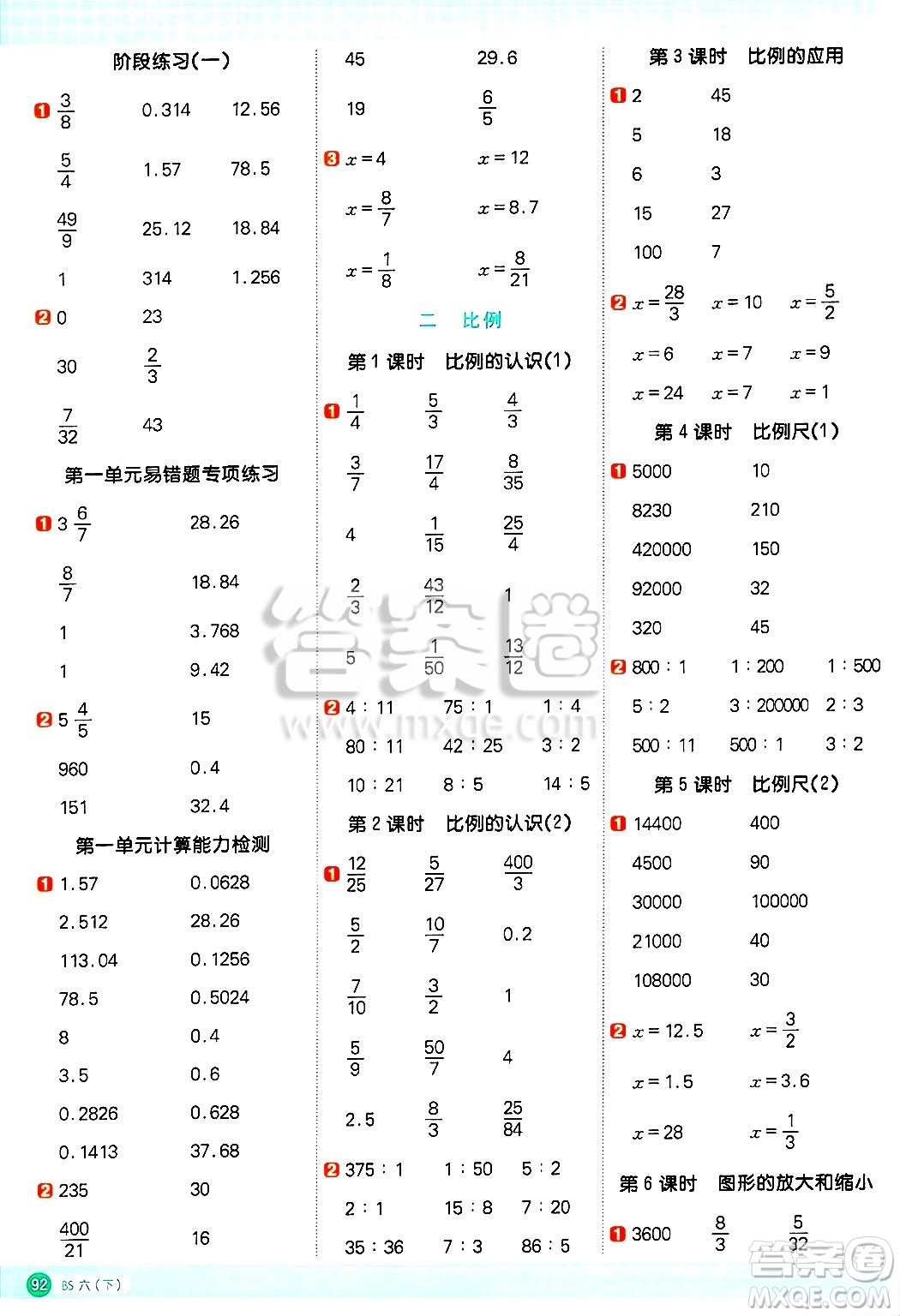 江西教育出版社2025年春陽光同學(xué)計算小達(dá)人六年級數(shù)學(xué)下冊北師大版四川專版答案