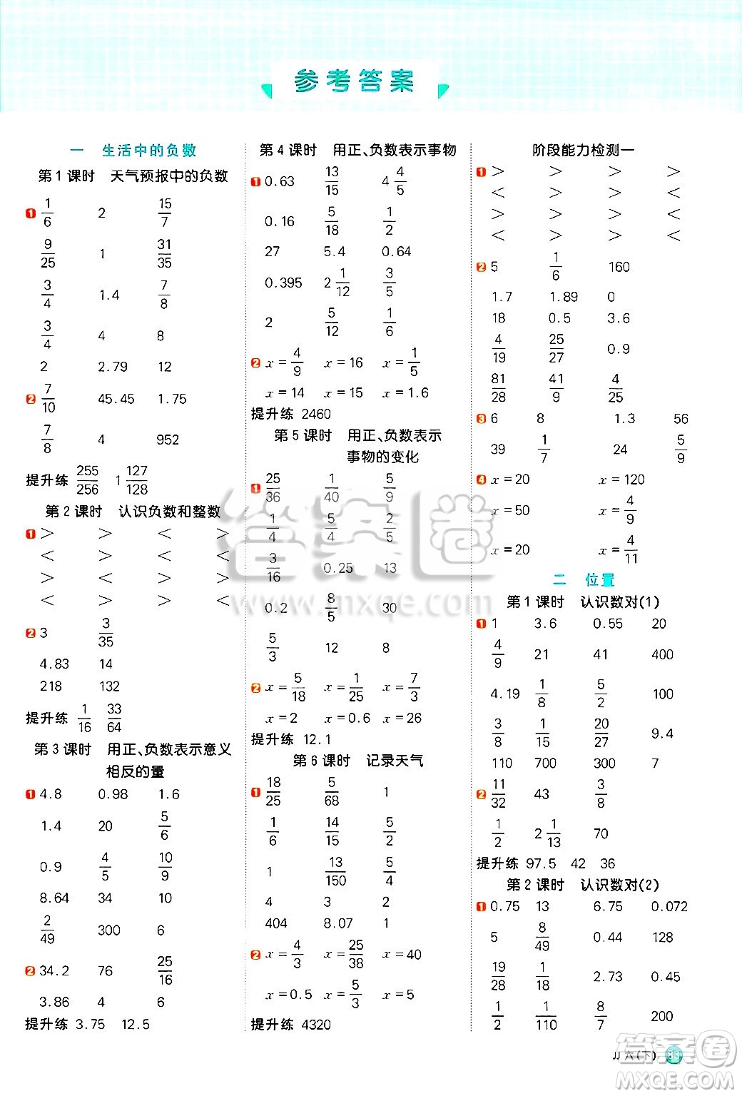 江西教育出版社2025年春陽光同學(xué)計算小達(dá)人六年級數(shù)學(xué)下冊冀教版答案
