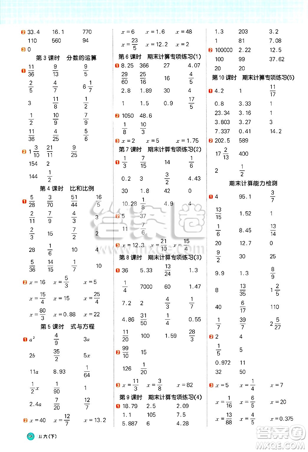 江西教育出版社2025年春陽光同學(xué)計算小達(dá)人六年級數(shù)學(xué)下冊冀教版答案