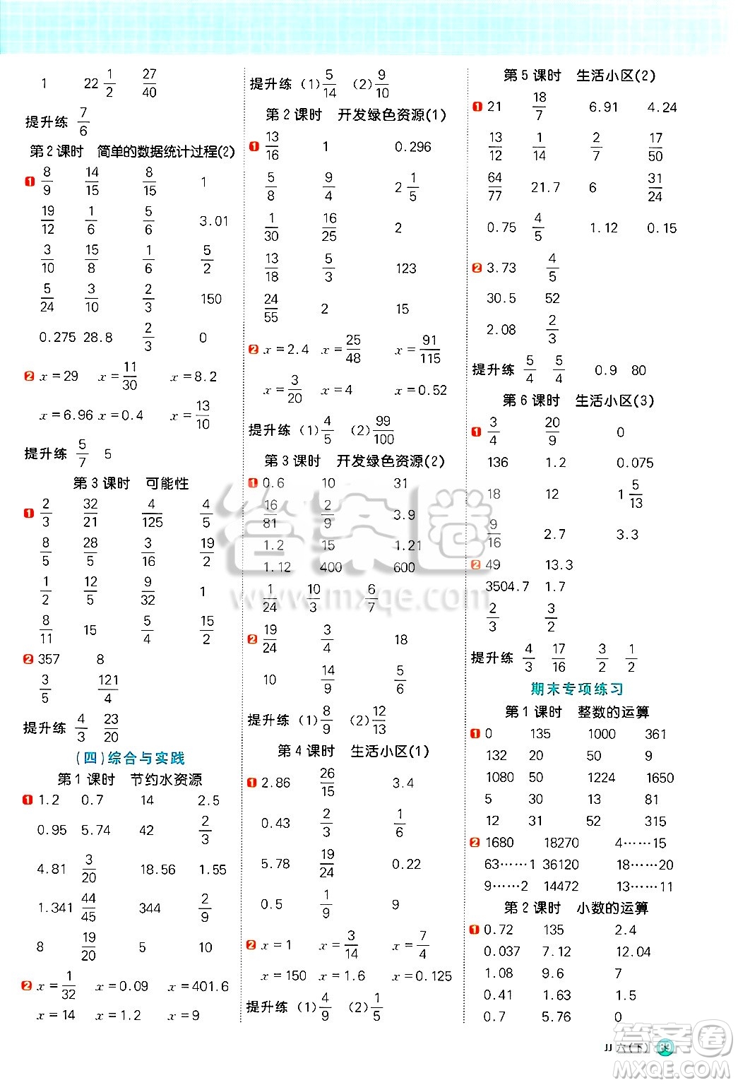 江西教育出版社2025年春陽光同學(xué)計算小達(dá)人六年級數(shù)學(xué)下冊冀教版答案
