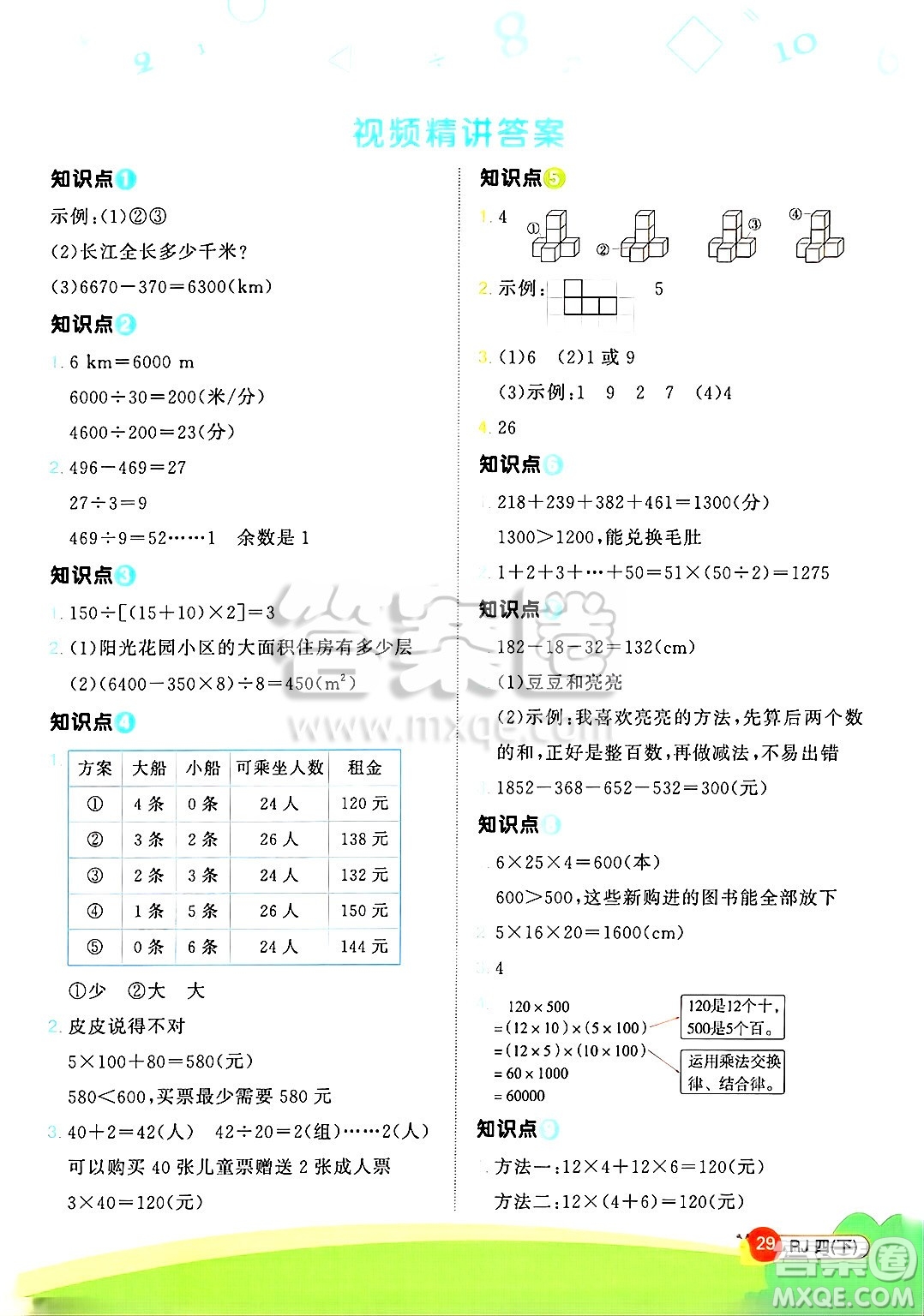 江西教育出版社2025年春陽光同學(xué)計(jì)算小達(dá)人四年級(jí)數(shù)學(xué)下冊人教版武漢專版答案